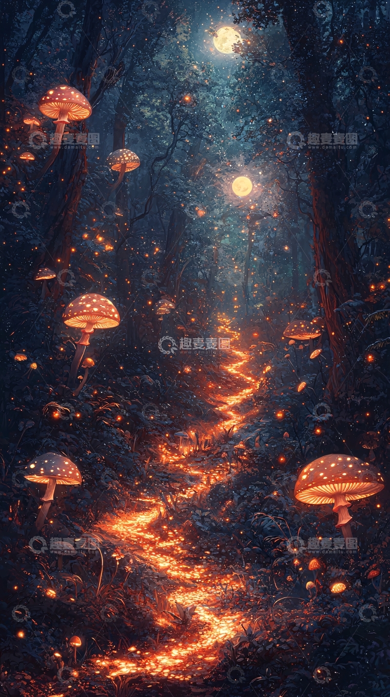 高清大图下载【趣麦麦图】梦幻森林中的发光之路