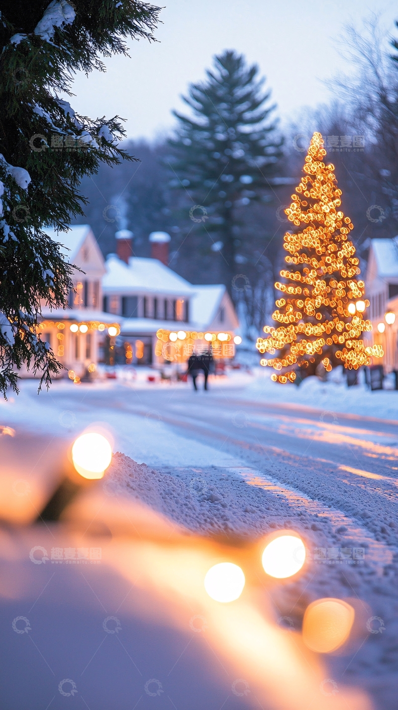 高清大图下载【趣麦麦图】冬日雪景中的温暖灯光