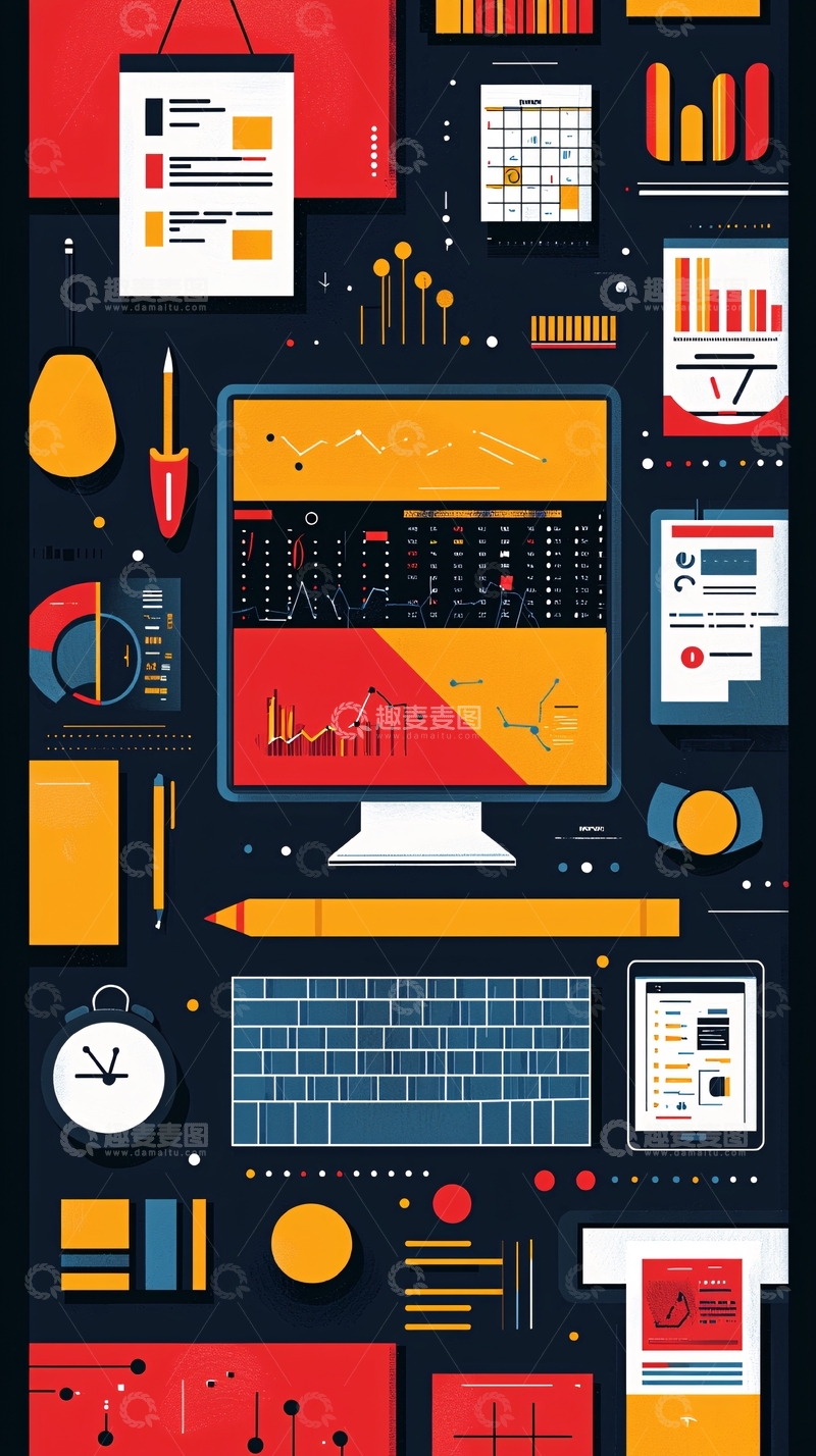 高清大图下载【趣麦麦图】办公桌上的数据分析图表和工具