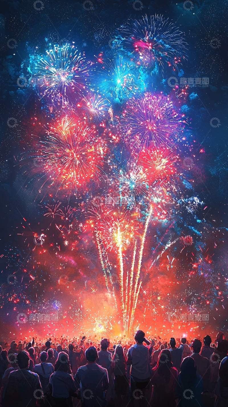 高清大图下载【趣麦麦图】烟花绽放夜空下的欢呼人群
