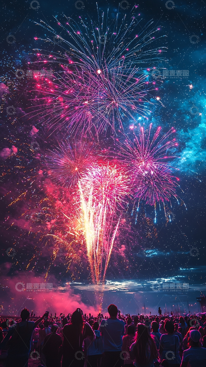 高清大图下载【趣麦麦图】烟花绽放夜空下的欢呼人群