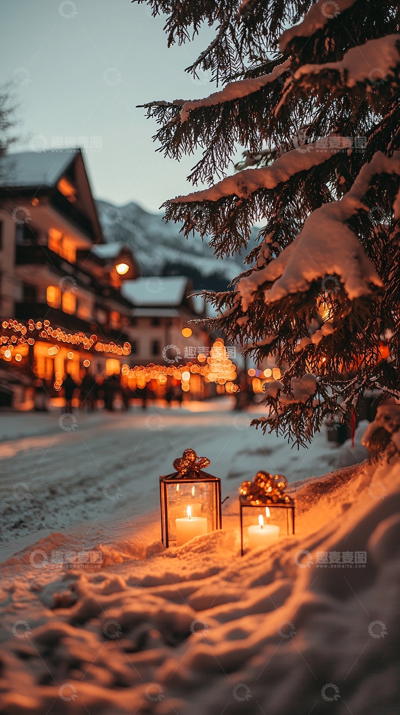 高清大图下载【趣麦麦图】冬夜雪景下的温暖烛光