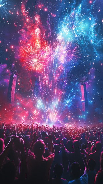 烟花夜空下的欢呼人群