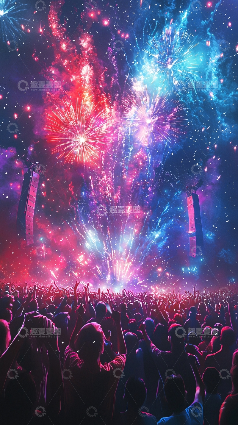 高清大图下载【趣麦麦图】烟花夜空下的欢呼人群