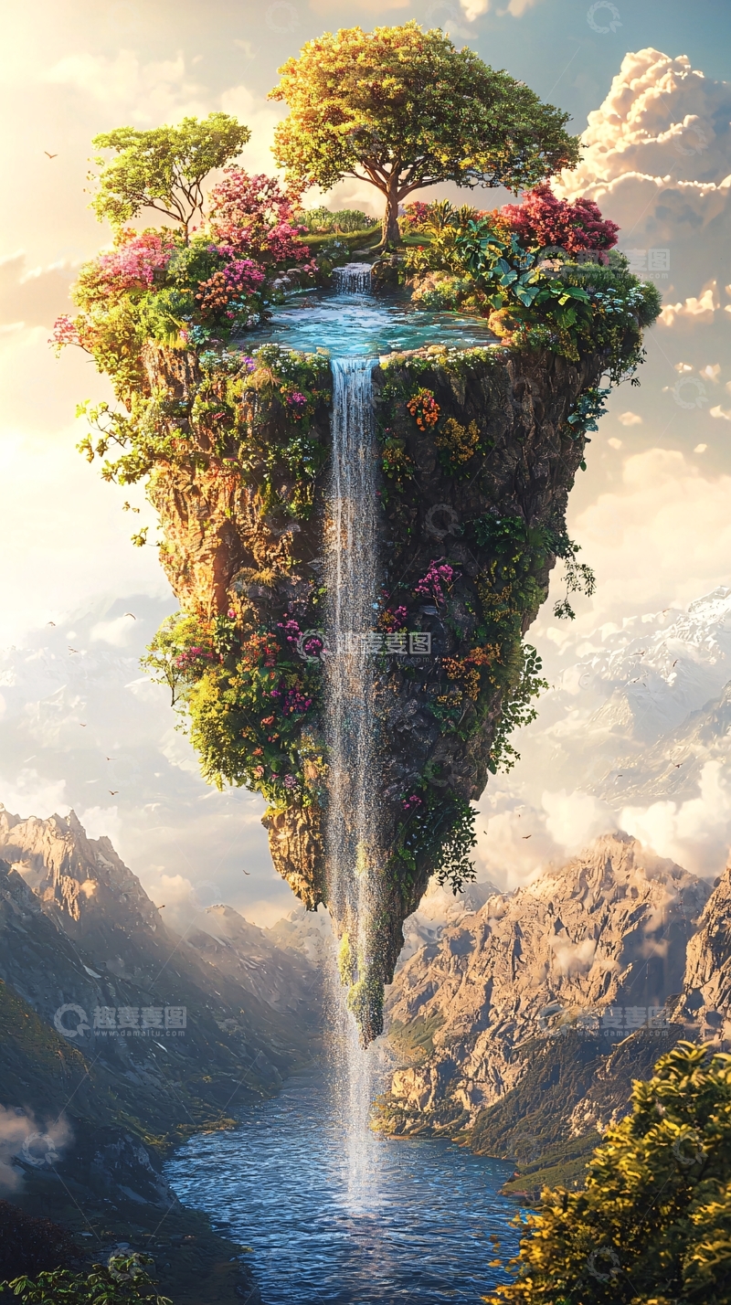高清大图下载【趣麦麦图】漂浮岛屿瀑布风景