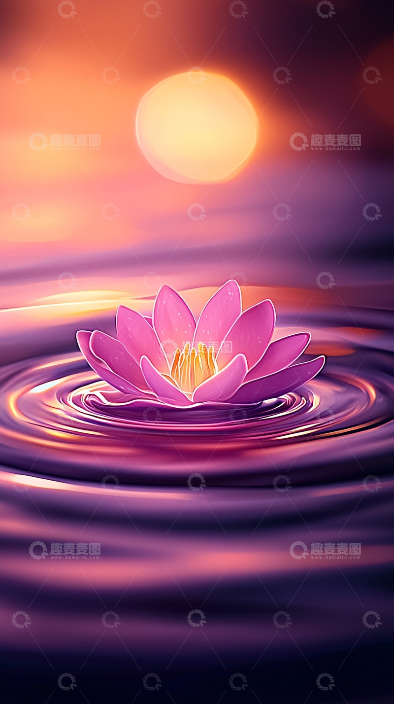 高清大图下载【趣麦麦图】日落水面上盛开的莲花