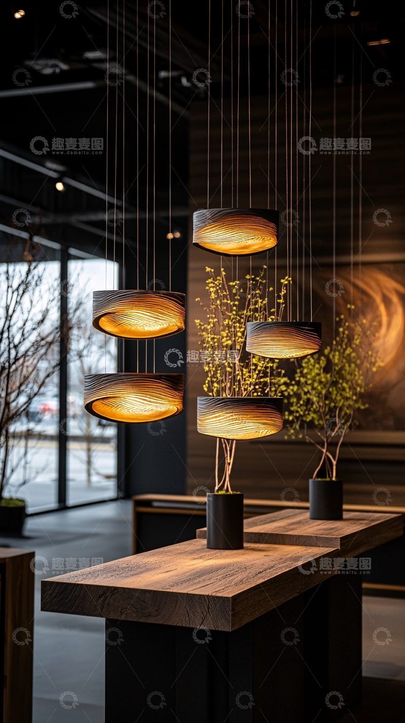 高清大图下载【趣麦麦图】现代简约木质吊灯与植物装饰
