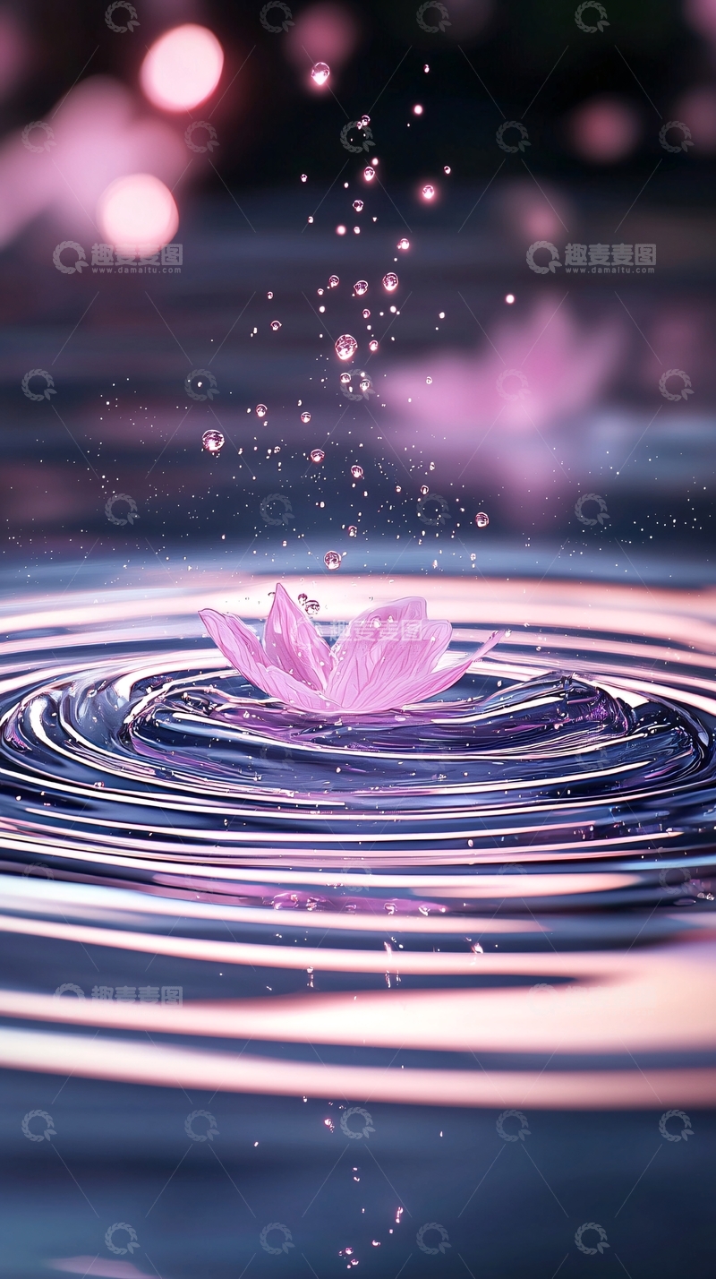 高清大图下载【趣麦麦图】水面上的粉色花瓣与涟漪