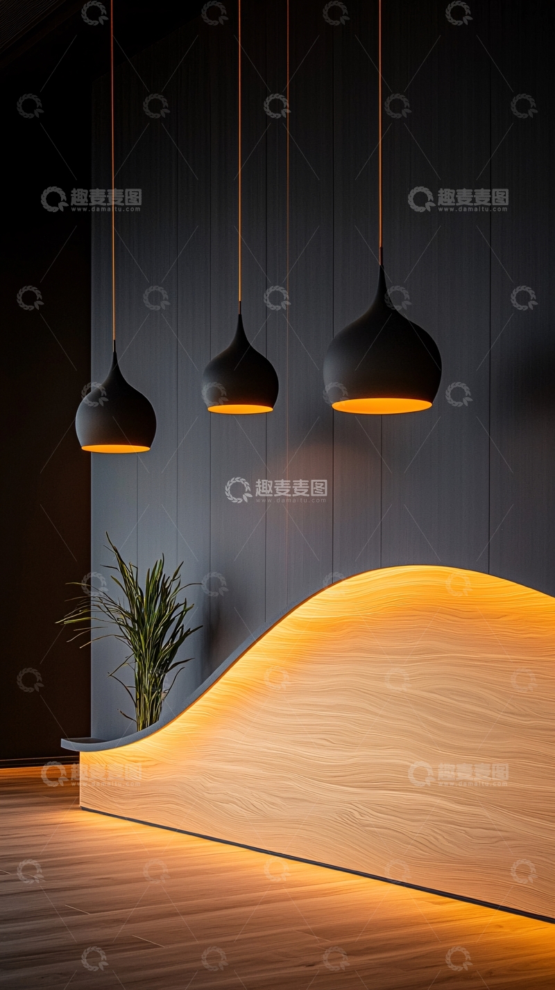 高清大图下载【趣麦麦图】现代简约木质波浪形座椅与吊灯组合