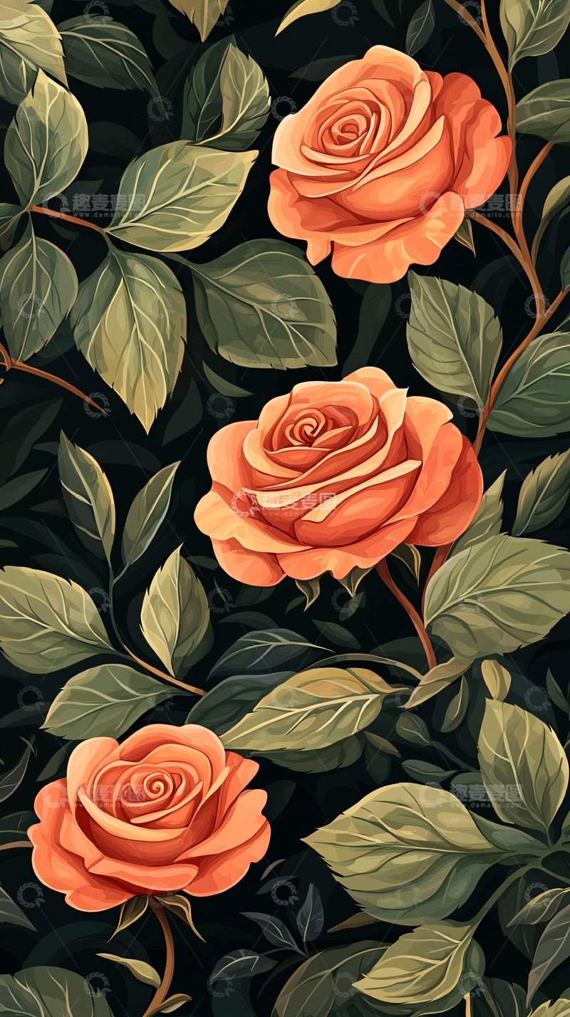 高清大图下载【趣麦麦图】橙色玫瑰与绿叶背景插画