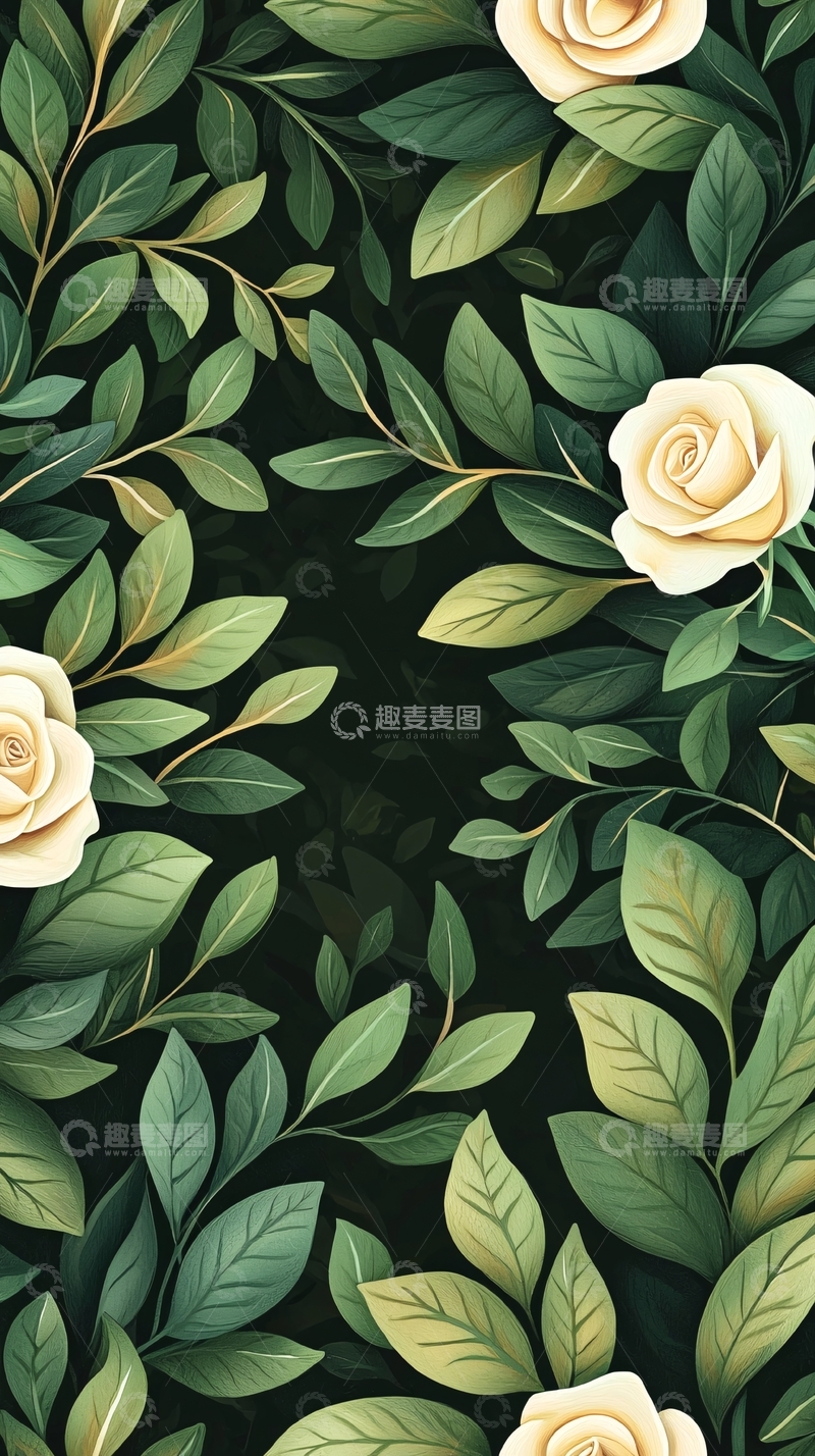 高清大图下载【趣麦麦图】绿色背景花卉图案壁纸