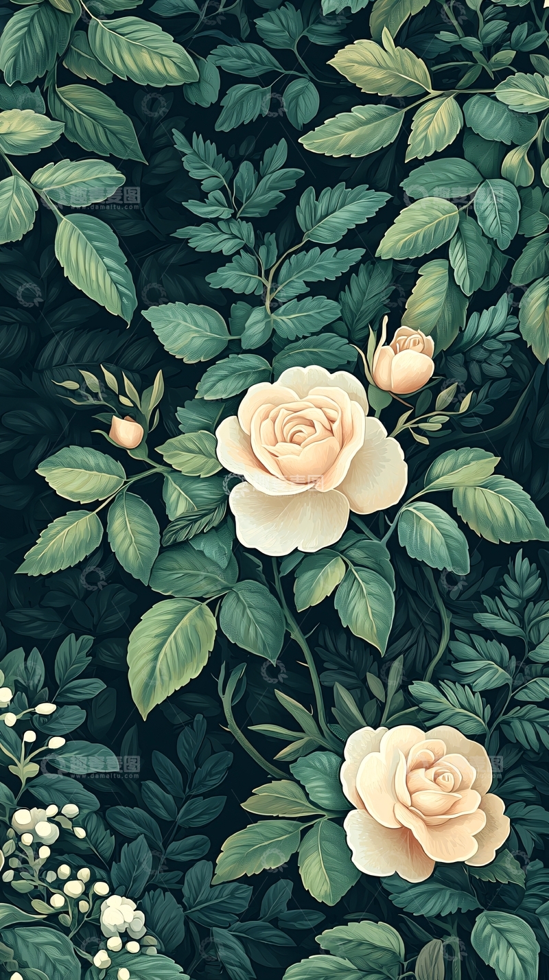 高清大图下载【趣麦麦图】玫瑰花与绿叶背景图案