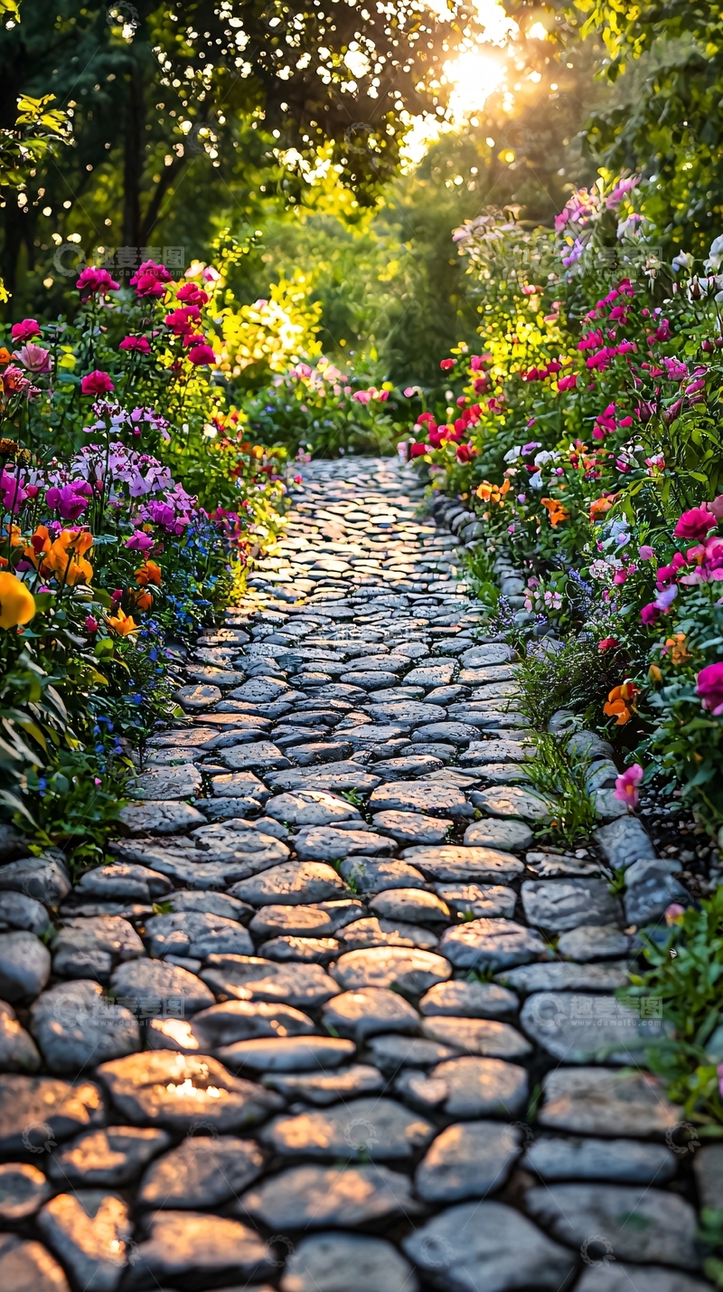 高清大图下载【趣麦麦图】石径花海夕阳美景
