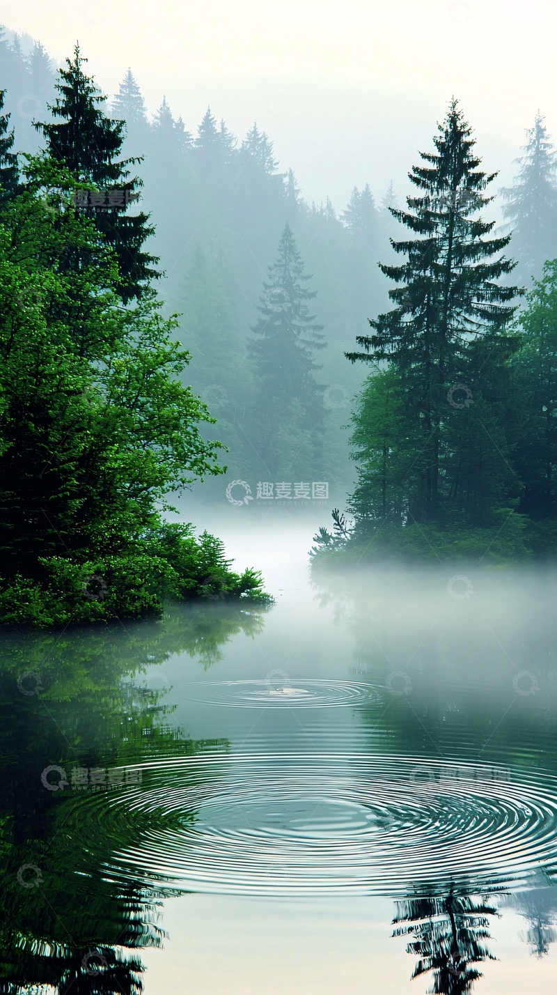 高清大图下载【趣麦麦图】雾中森林宁静湖面