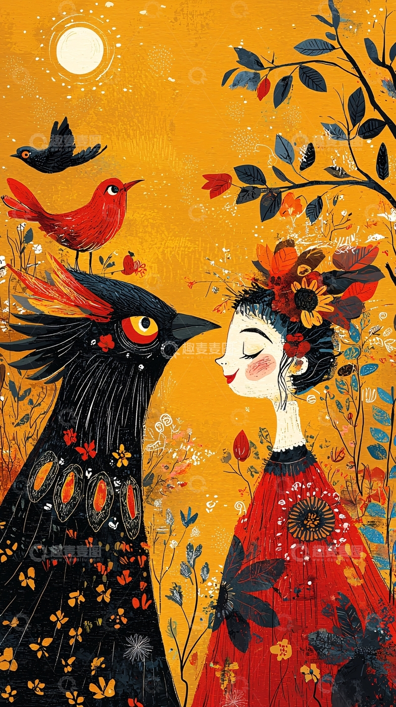 高清大图下载【趣麦麦图】梦幻森林中的鸟与少女
