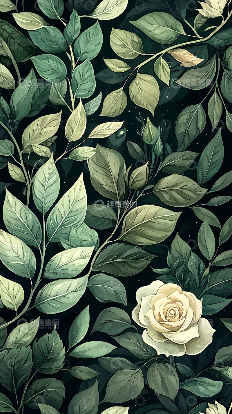 高清大图下载【趣麦麦图】绿叶白玫瑰背景图