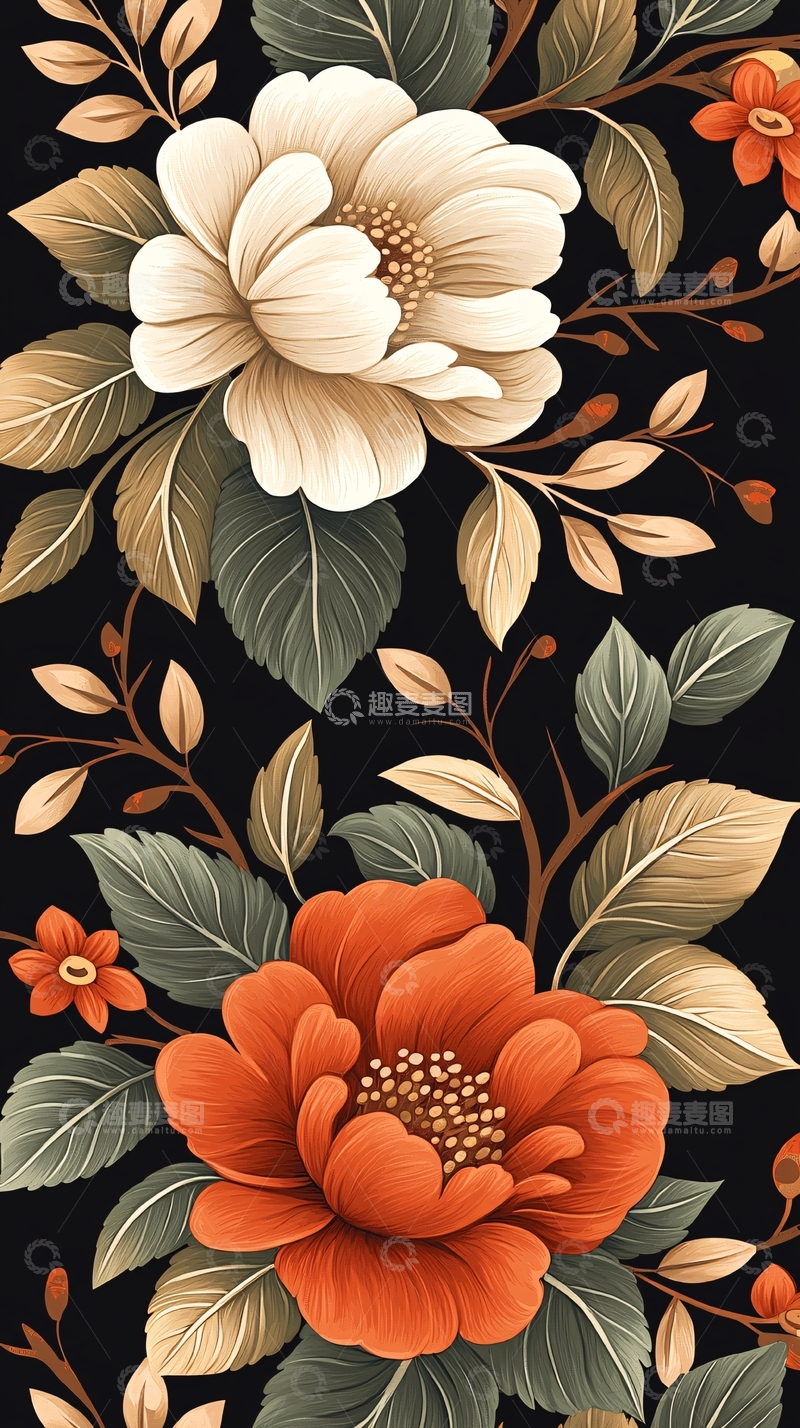 高清大图下载【趣麦麦图】复古花卉图案背景素材