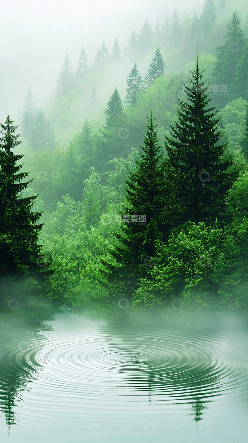 高清大图下载【趣麦麦图】雾中森林湖面涟漪