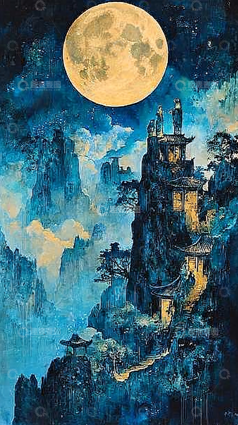高清大图下载【趣麦麦图】夜色山间古塔月影