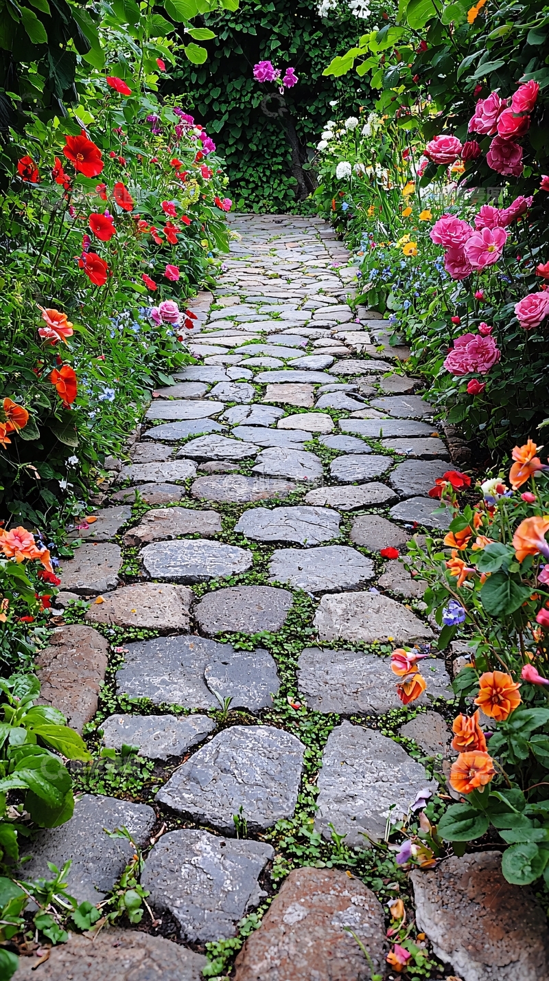 高清大图下载【趣麦麦图】石板小径与鲜花花园