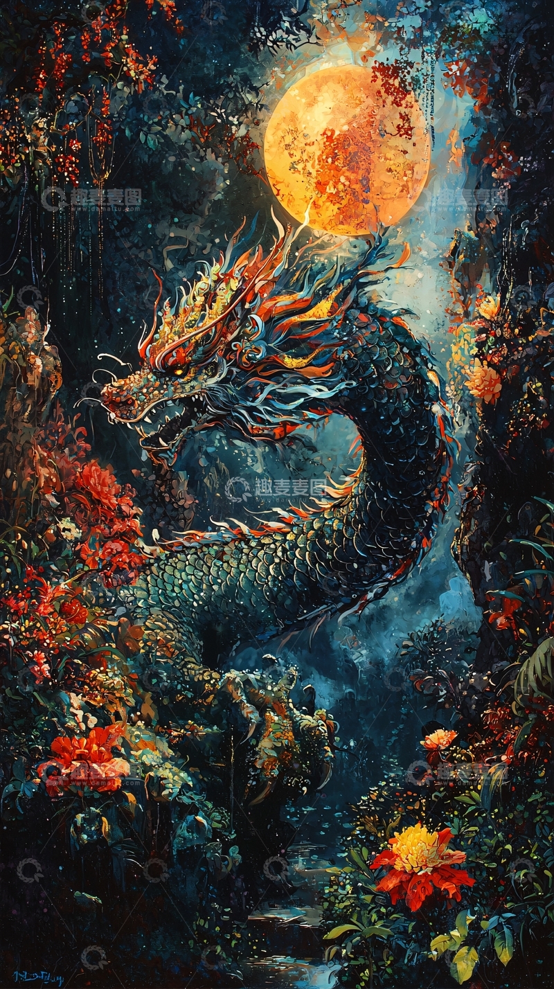 高清大图下载【趣麦麦图】夜色中的神秘龙与满月