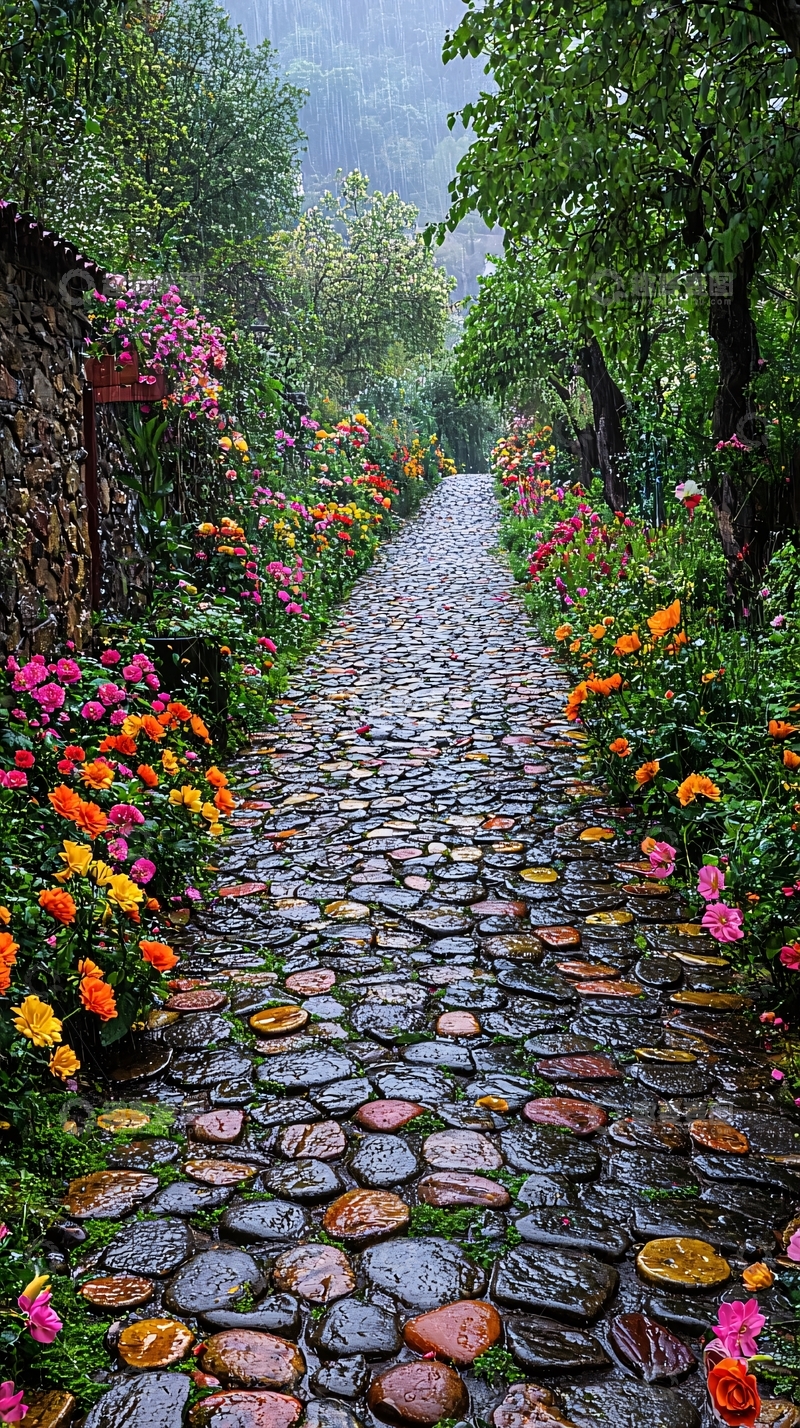 高清大图下载【趣麦麦图】雨后石径花海
