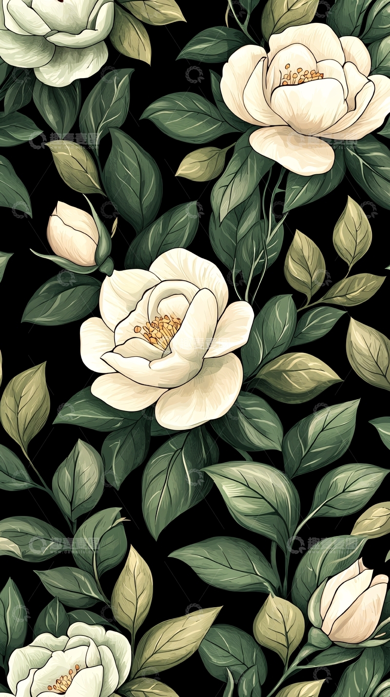 高清大图下载【趣麦麦图】白色花朵与绿叶背景图案