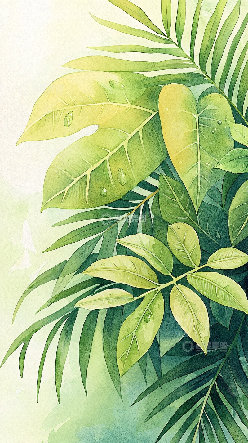 高清大图下载【趣麦麦图】热带植物叶子水彩画背景