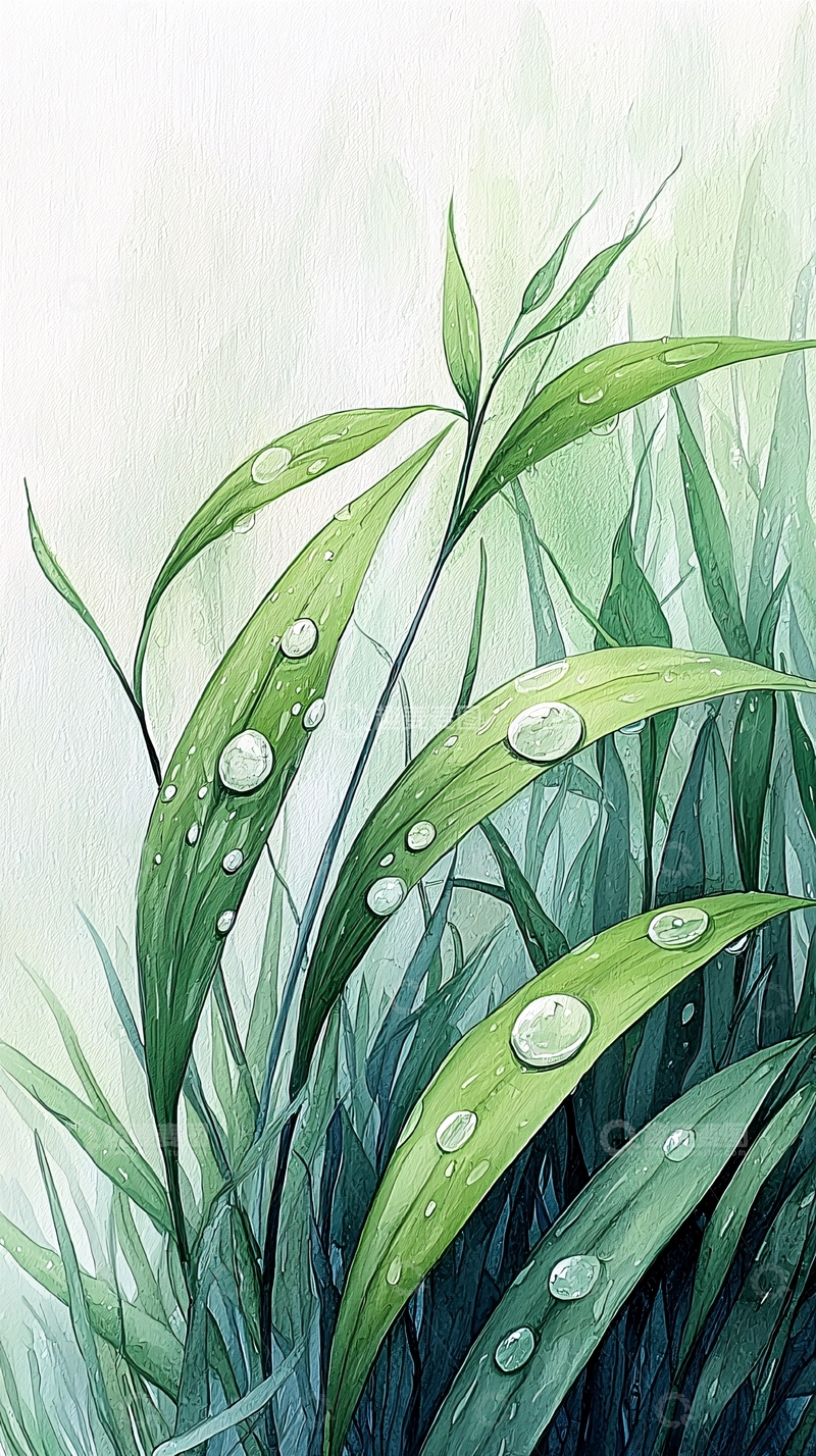 高清大图下载【趣麦麦图】露珠点缀的绿色植物插画
