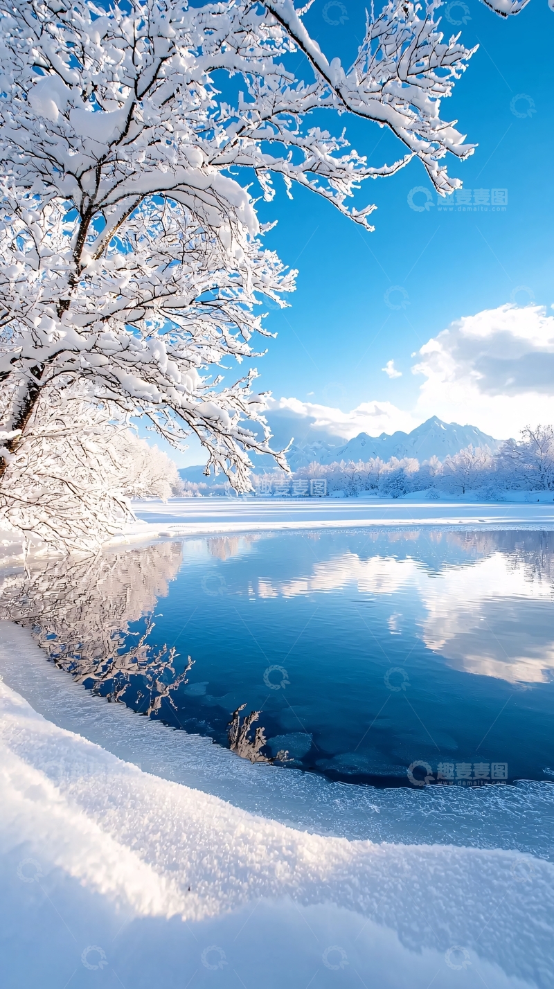高清大图下载【趣麦麦图】冬日雪景湖畔宁静之美