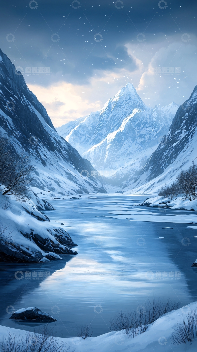 高清大图下载【趣麦麦图】冬日雪山下的宁静河流