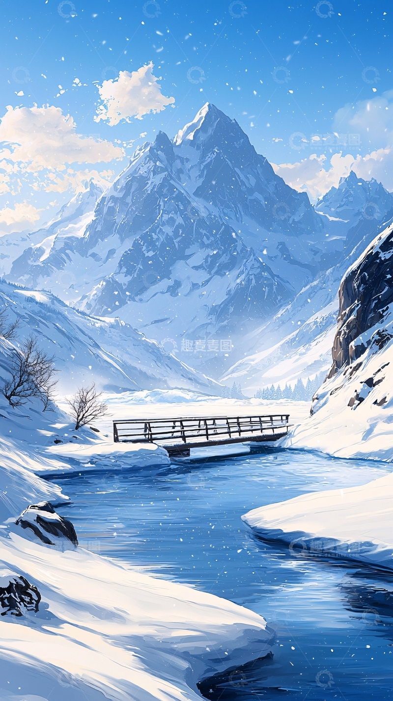 高清大图下载【趣麦麦图】雪景中的小桥