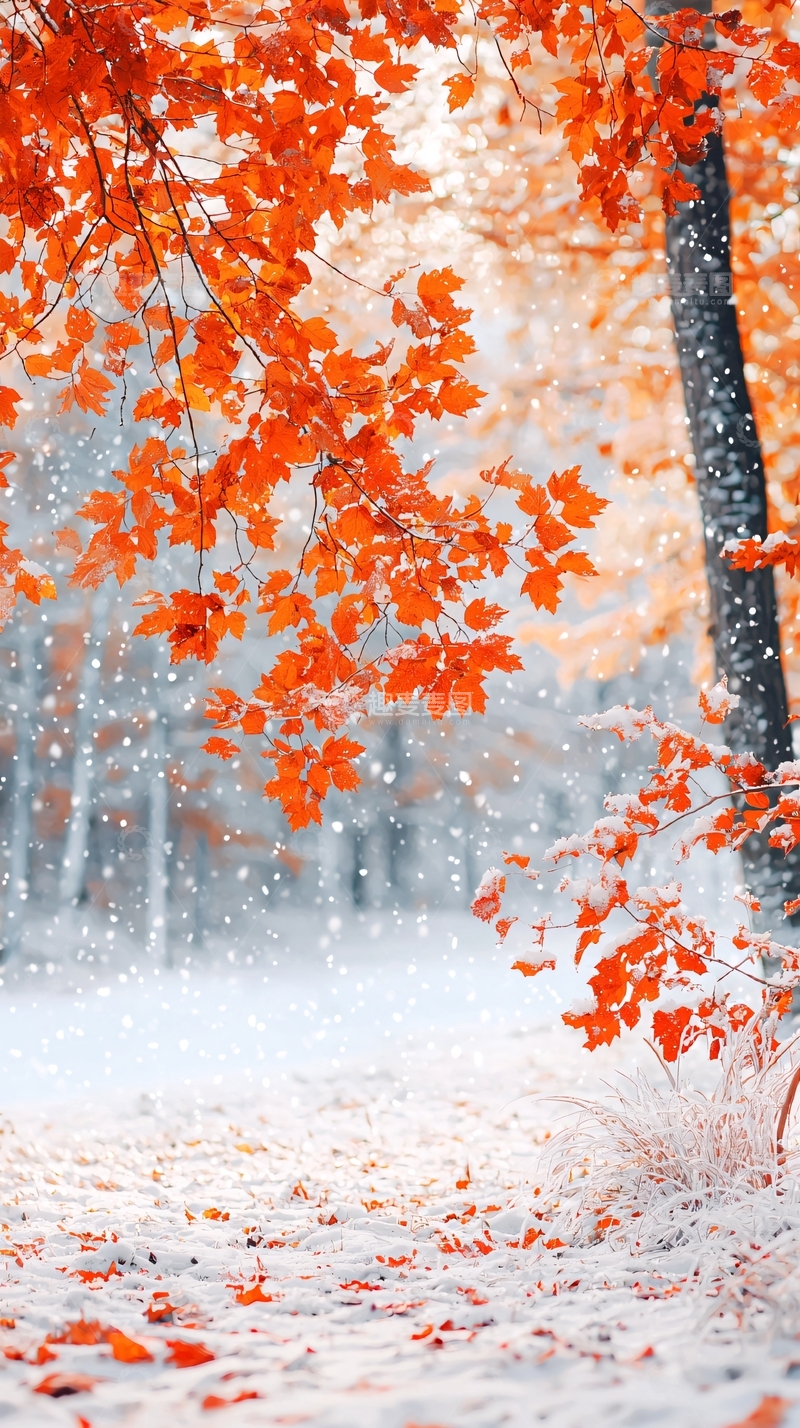 高清大图下载【趣麦麦图】秋雪中的红叶风景