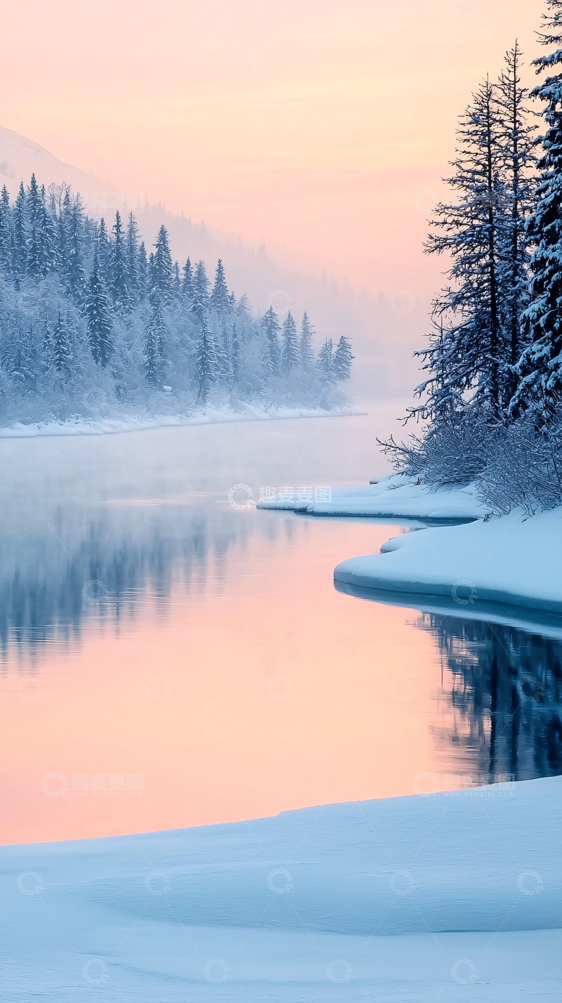 高清大图下载【趣麦麦图】冬日静谧湖畔雪景