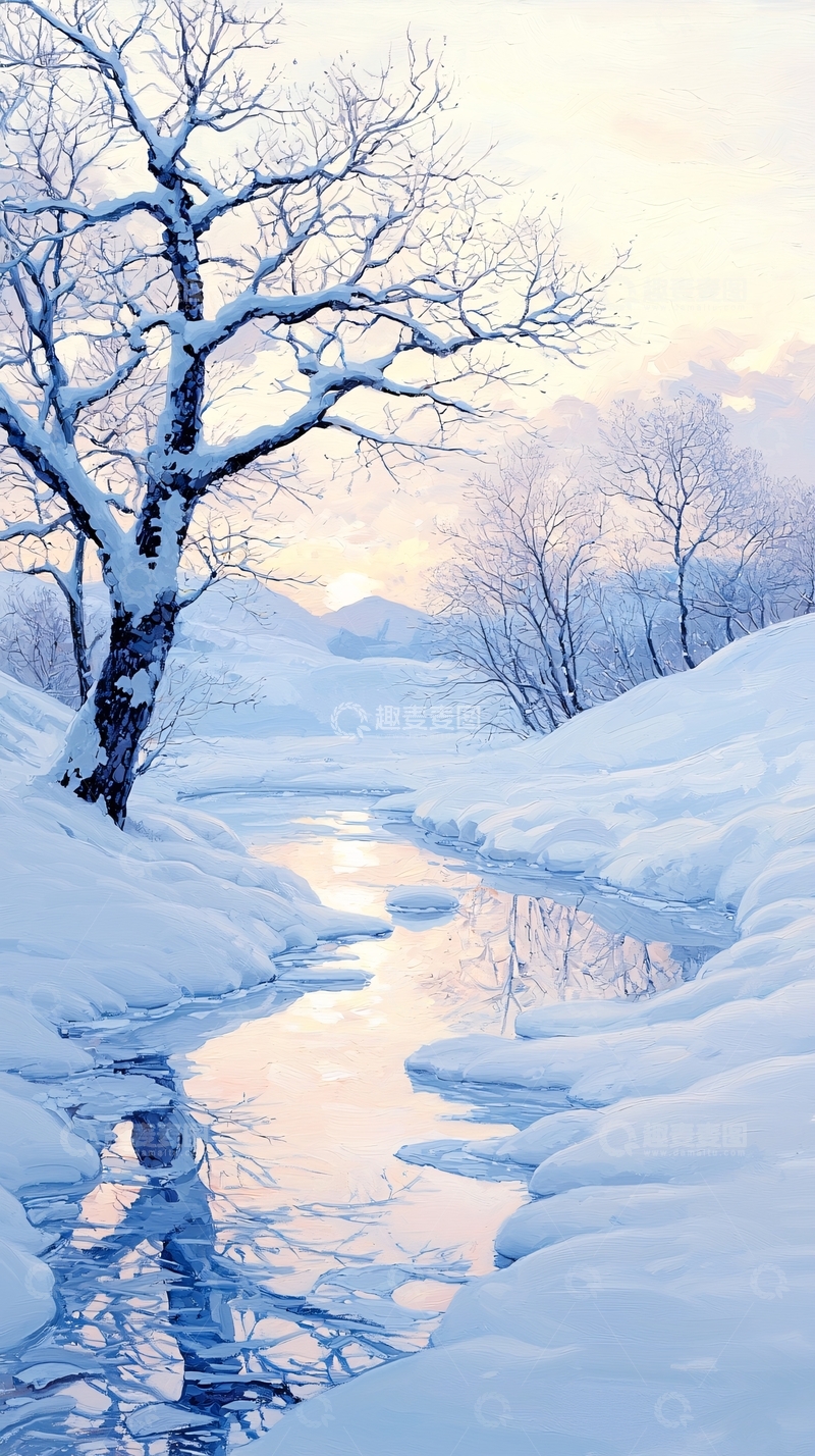 高清大图下载【趣麦麦图】冬日雪景小溪潺潺