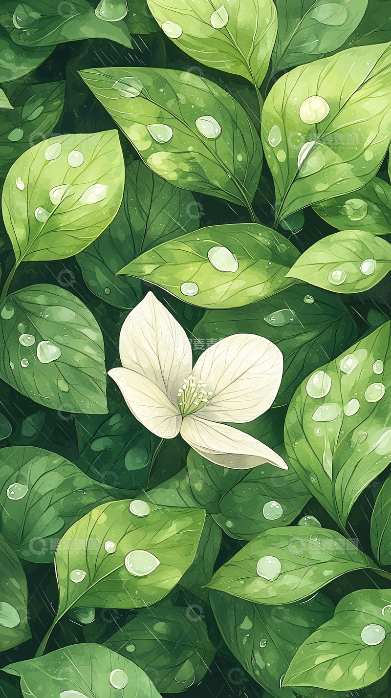高清大图下载【趣麦麦图】雨后清新绿叶白花背景图