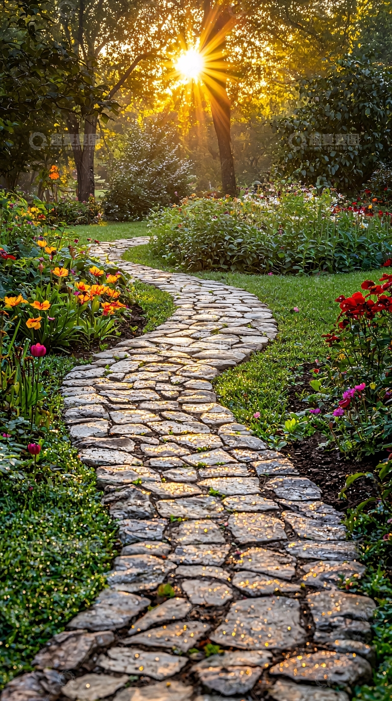高清大图下载【趣麦麦图】夕阳下的石径花园