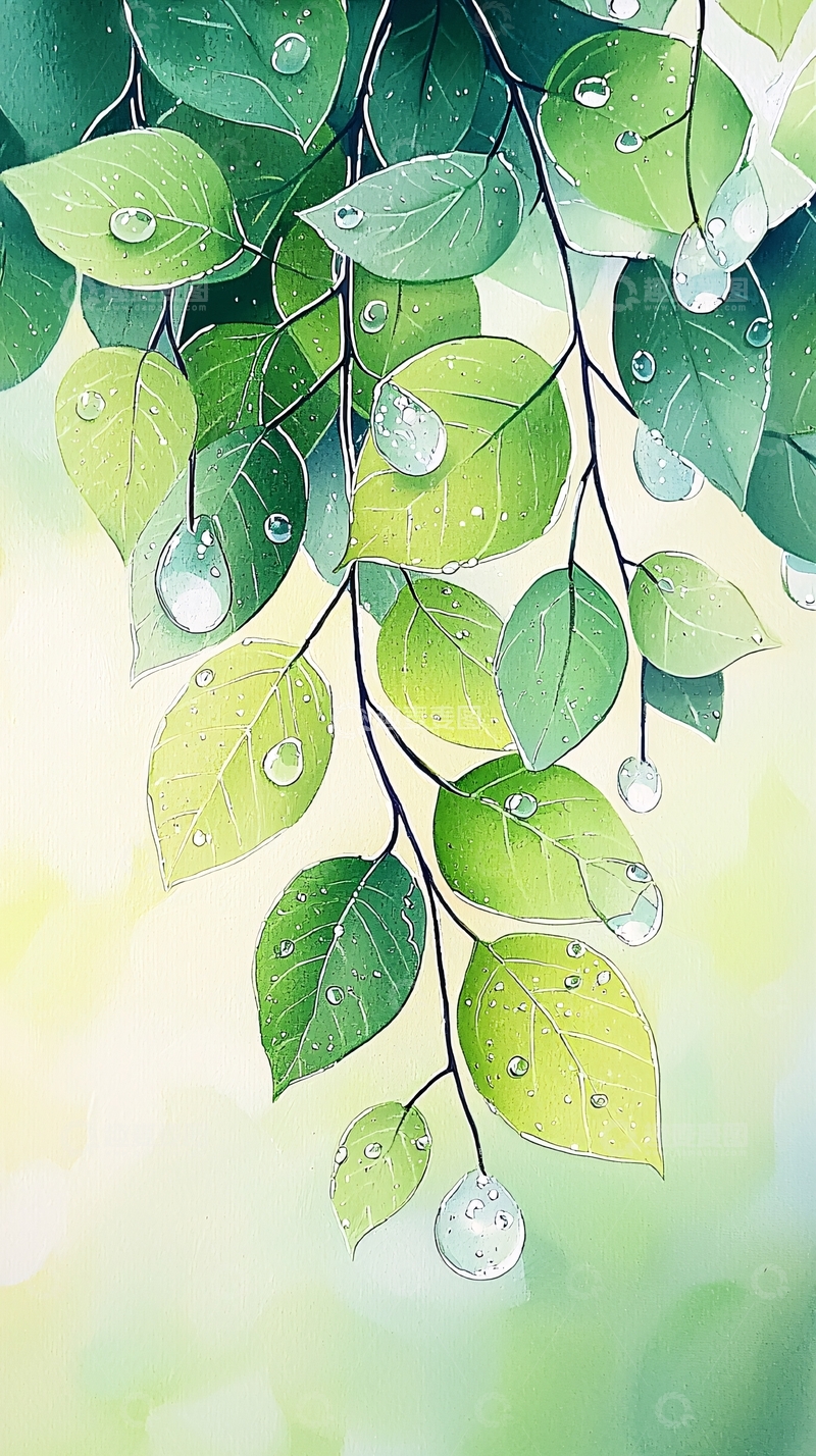 高清大图下载【趣麦麦图】雨后清新绿叶水珠挂枝头