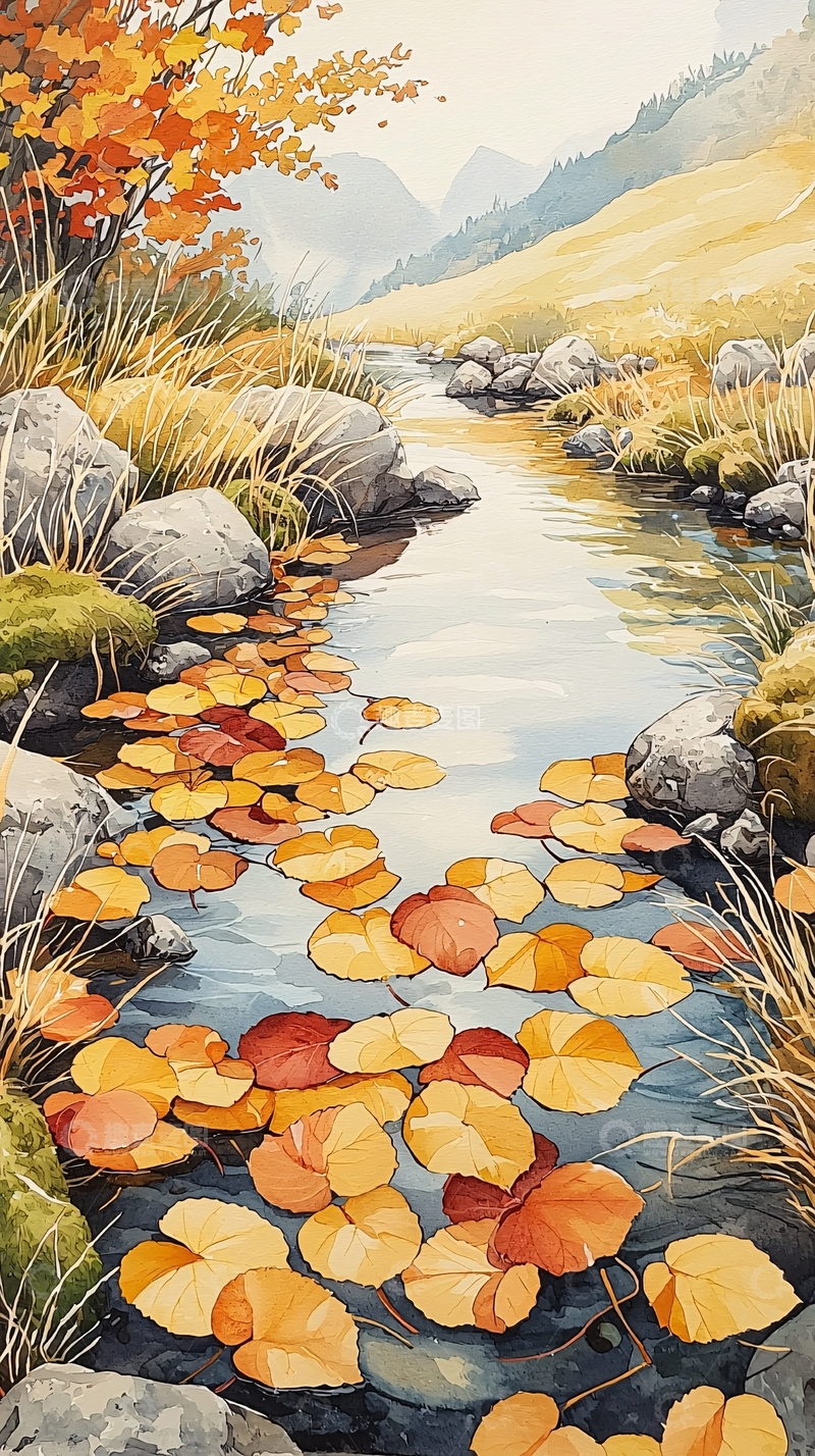 高清大图下载【趣麦麦图】秋日小溪落叶风景