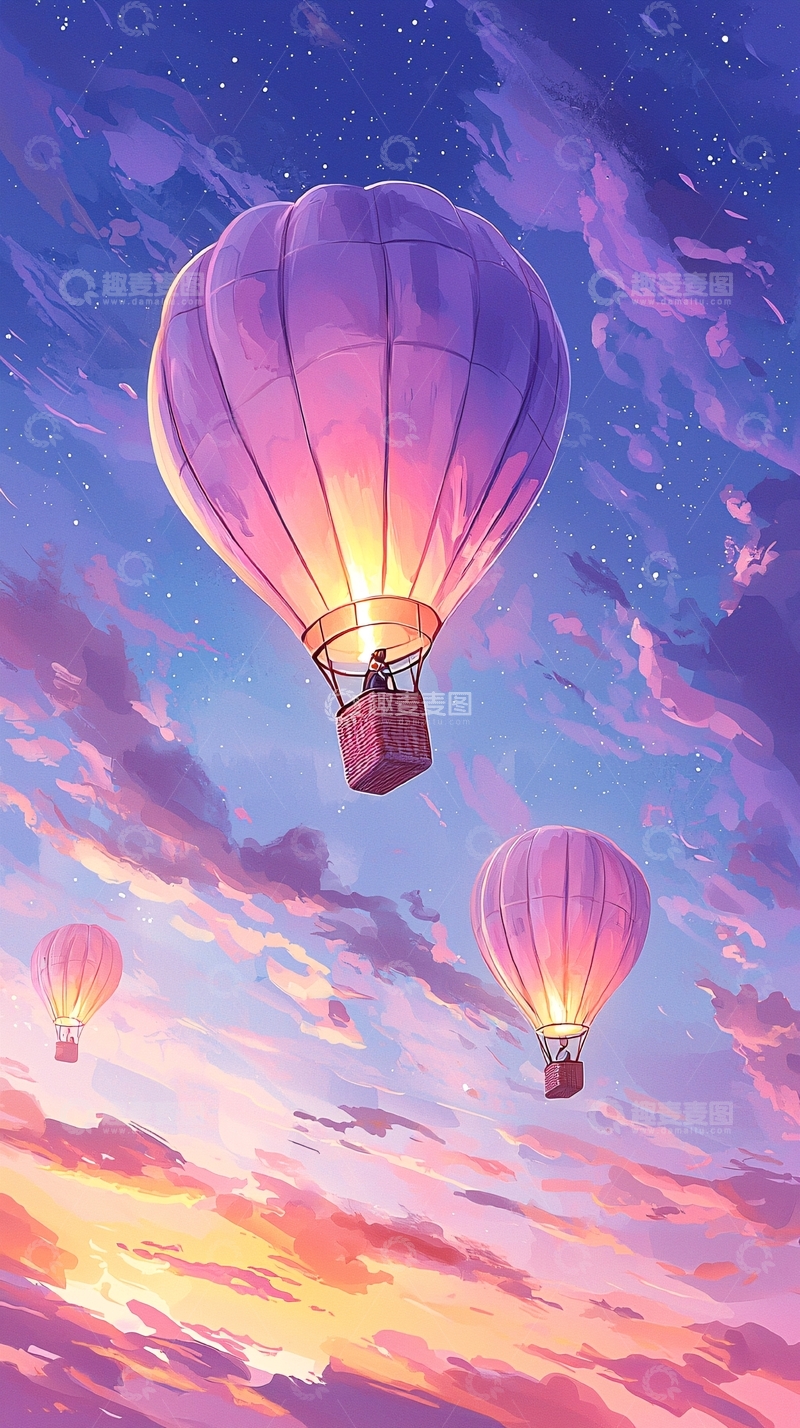 高清大图下载【趣麦麦图】梦幻热气球夜空飞行