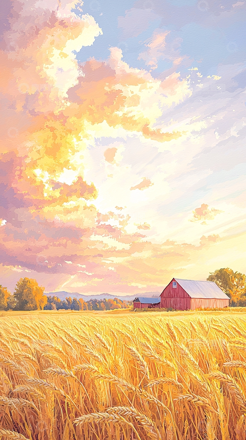 高清大图下载【趣麦麦图】秋日麦田与红谷仓