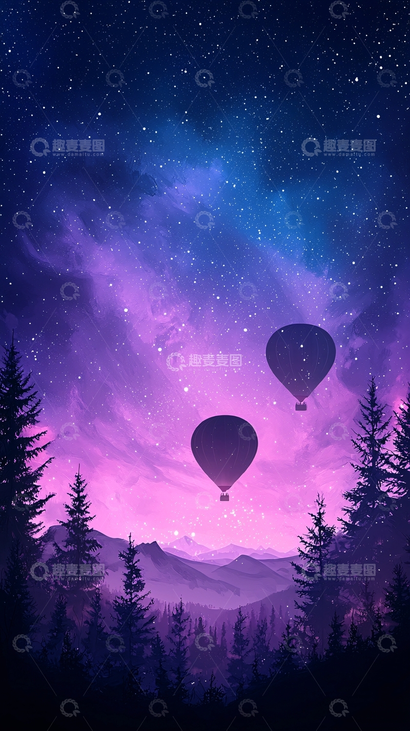 高清大图下载【趣麦麦图】夜空下的热气球与森林