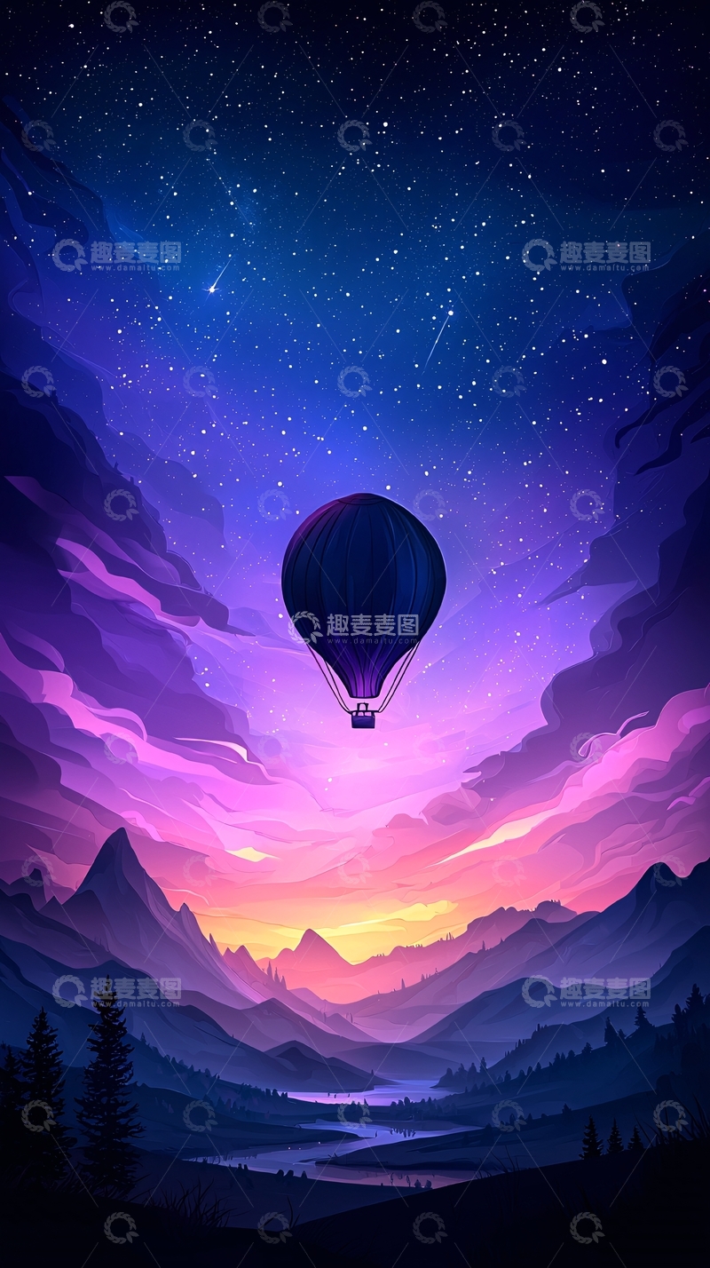 高清大图下载【趣麦麦图】夜空下的热气球与山川