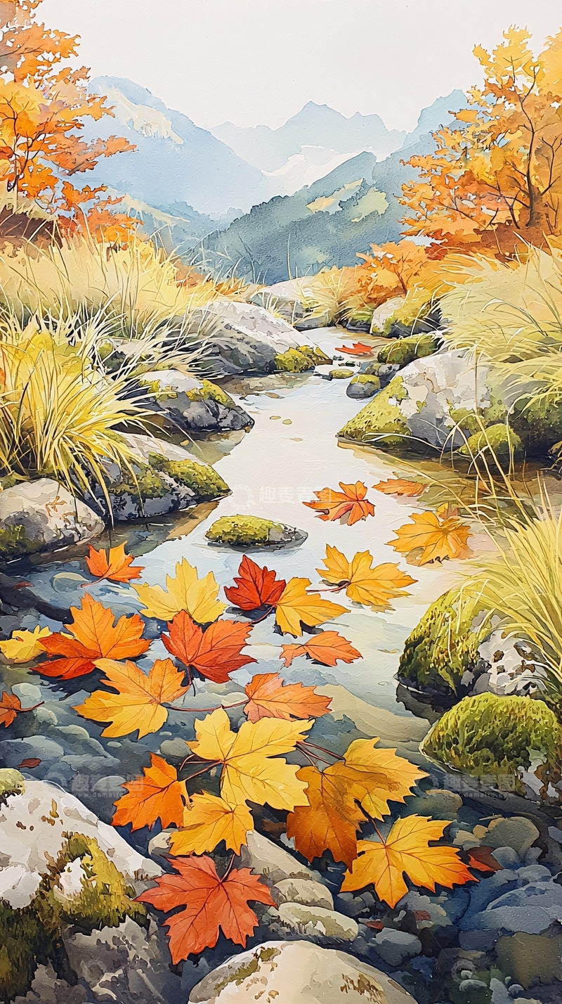 高清大图下载【趣麦麦图】秋日小溪落叶风景画