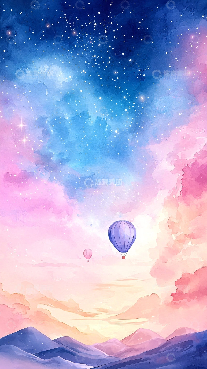 高清大图下载【趣麦麦图】梦幻热气球星空风景图