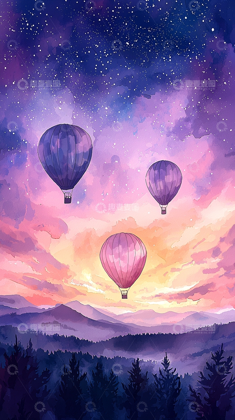 高清大图下载【趣麦麦图】梦幻热气球夜空风景