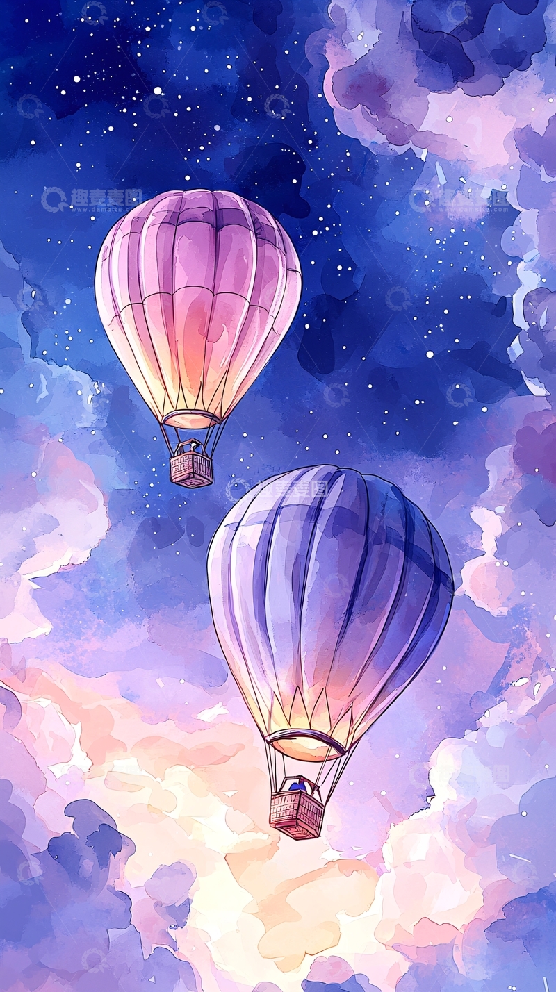 高清大图下载【趣麦麦图】梦幻热气球夜空飞行