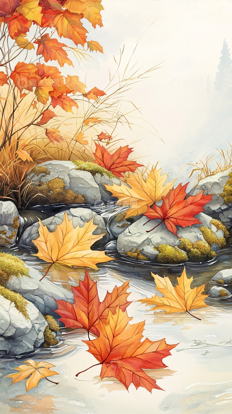 高清大图下载【趣麦麦图】秋日溪流落叶风景