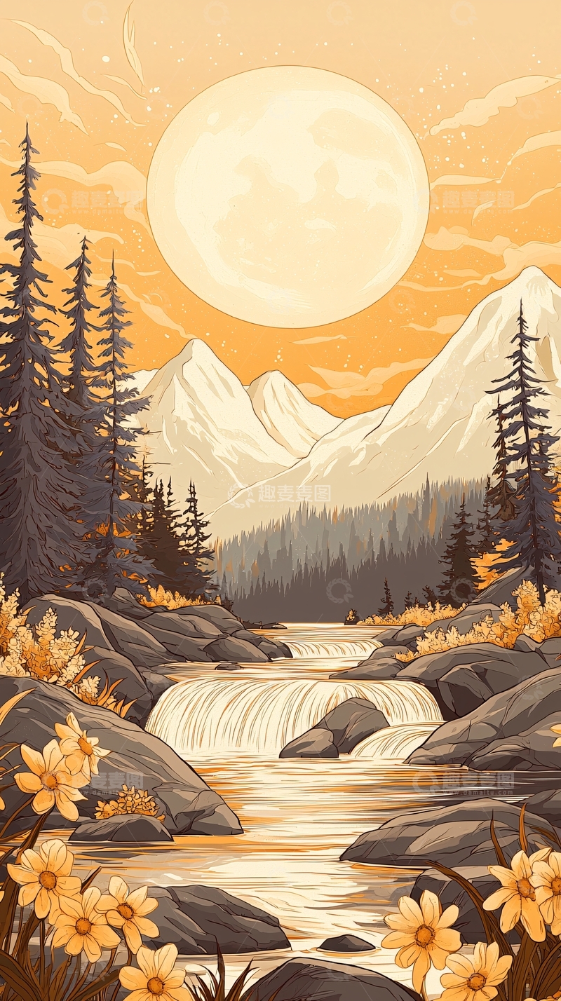 高清大图下载【趣麦麦图】秋日山间瀑布月夜