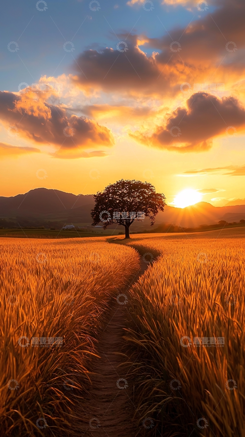 高清大图下载【趣麦麦图】夕阳下的麦田小径与孤树